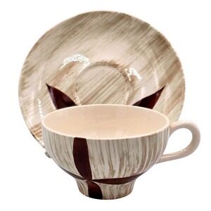8 ct. RARE Brown Cross Brushstroke Background Tea Cups‎ AND Saucers Prim Rose